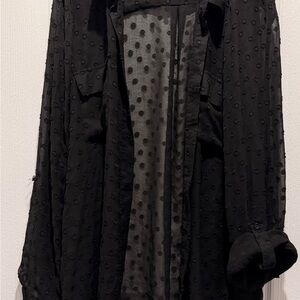 Black Swiss Dot Sheer Blouse 3XL | Flowing Polka Dot Button Down | Oversized